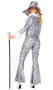 Money Trap Diva costume includes metallic leopard print jumpsuit with faux fur collar and cuffs, long sleeves, plunging V neckline, bell bottom legs, and front zipper closure. Oversized pimp hat also included. Two piece set.