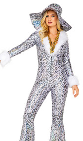 Money Trap Diva costume includes metallic leopard print jumpsuit with faux fur collar and cuffs, long sleeves, plunging V neckline, bell bottom legs, and front zipper closure. Oversized pimp hat also included. Two piece set.