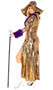 Sweet Mama Pimp costume includes long metallic leopard print maxi coat with faux fur collar and cuffs, plunging V neckline, open front and zipper front closure. Matching booty shorts and oversized pimp hat also included. Three piece set.