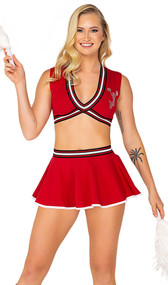 School Spirit cheerleader costume includes sleeveless crop top with bedazzled print, V neckline and striped trim. Mini skirt and pair of pom poms also included. Three piece set.