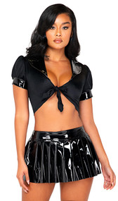 Sassy School Girl costume includes tie front crop top with short puff sleeves, collar and vinyl trim. Matching vinyl pleated mini skirt with zipper closure also included. Two piece set.