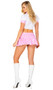 Pink School Girl costume includes tie front crop top with short puff sleeves, collar and vinyl trim. Matching vinyl pleated mini skirt with zipper closure also included. Two piece set. Size L skirt measures about 11" long.