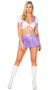 Lavender School Girl costume includes tie front crop top with short puff sleeves, collar and vinyl trim. Matching vinyl pleated mini skirt with zipper closure also included. Two piece set.