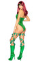 Poison Ivy costume includes sleeveless sequin romper with V wire over a plunging neckline, sequin leaf applique cups and clear shoulder straps. Matching sequin headband also included. Two piece set.