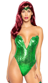 Poison Ivy costume includes sleeveless sequin romper with V wire over a plunging neckline, sequin leaf applique cups and clear shoulder straps. Matching sequin headband also included. Two piece set.