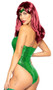 Poison Ivy costume includes sleeveless sequin romper with V wire over a plunging neckline, sequin leaf applique cups and clear shoulder straps. Matching sequin headband also included. Two piece set.