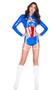 Americas Superhero Captain costume includes long sleeve vinyl romper with metallic star detail, mock neck and front zipper closure. Iridescent waist cincher with attached leg garters and lace up back also included. Two piece set.