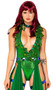 Poisonous Kiss costume includes sleeveless sequin bodysuit plunging neckline, metallic trim and artificial vine detail. Matching choker also included. Studded iridescent belt with O rings and attached sheer skirt drapes also included. Three piece set.