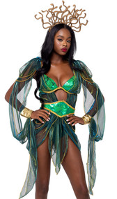Sultry Medusa costume includes bodysuit dress featuring sheer iridescent draped fabric with gold trim, attached metallic wrist cuffs, and built in snake print bra with chain shoulder accents, adjustable straps, and hook and eye back closure. Matching belt with hook and eye back closure and plastic snake headpiece also included. Three piece set.