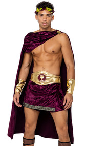 God of Wine costume includes mid length draped velvet cape with shoulder gold closure, matching skirt with gold print trim, metallic belt with wine goblet print, and grape headpiece. Four piece set.