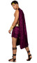 God of Wine costume includes mid length draped velvet cape with shoulder gold closure, matching skirt with gold print trim, metallic belt with wine goblet print, and grape headpiece. Four piece set.