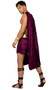 God of Wine costume includes mid length draped velvet asymmetrical cape with head hole (does not fully open), gathered shoulder and detachable gold pin accent. Matching skirted shorts with gold print trim, metallic belt with wine goblet print, and grape headpiece also included. Four piece set.