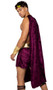God of Wine costume includes mid length draped velvet asymmetrical cape with head hole (does not fully open), gathered shoulder and detachable gold pin accent. Matching skirted shorts with gold print trim, metallic belt with wine goblet print, and grape headpiece also included. Four piece set.