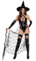 Playboy Wicked Witch costume includes sleeveless vinyl bodysuit with sheer web print, strappy criss cross front with O rings, Playboy Bunny logo, adjustable shoulder straps, and attached web cape with attached fingerless gloves. This is all one piece. Pointy witch hat and Playboy Bunny logo belt also included. Three piece set.