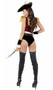 Playboy High Sea Pirate costume includes sleeveless brocade top with lace up front detail, ruffled trim and fringe shoulder pads. High waist shorts, faux leather adjustable belt with Playboy Bunny buckle, sash, ruffled cuffs with button accents, hat and sword also included. Seven piece set.