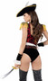 Playboy High Sea Pirate costume includes sleeveless brocade top with lace up front detail, ruffled trim and fringe shoulder pads. High waist shorts, faux leather adjustable belt with Playboy Bunny buckle, sash, ruffled cuffs with button accents, hat and sword also included. Seven piece set.