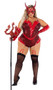 Playboy Devilicious costume includes sleeveless scale  print and vinyl romper padded flame shaped cups, matching hip ruffles, Playbody Bunny charm accent, adjustable clear shoulder straps, and attached chain leg garters. Vinyl long fingerless gloves and pointed mask also included. Three piece set.