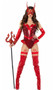 Playboy Devilicious costume includes sleeveless scale print and vinyl romper padded flame shaped cups, matching hip ruffles, Playbody Bunny charm accent, adjustable clear shoulder straps, and attached chain leg garters. Vinyl long fingerless gloves and pointed mask also included. Three piece set.