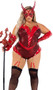 Playboy Devilicious costume includes sleeveless scale print and vinyl romper padded flame shaped cups, matching hip ruffles, Playbody Bunny charm accent, adjustable clear shoulder straps, and attached chain leg garters. Vinyl long fingerless gloves and pointed mask also included. Three piece set.