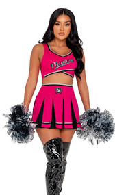 Playboy Cheer Squad costume includes sleeveless crop top with Playboy print, pleated mini skirt with Playboy Bunny logo, and pom poms. Three piece set.