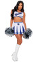 Playboy Cheer Squad costume includes sleeveless crop top with Playboy print, pleated mini skirt with Playboy Bunny logo, and pom poms. Three piece set.