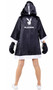 Playboy Knock Out Boxer costume includes bralette with Playboy print elastic trim, satin shorts with Playboy Bunny head logo, Playboy champion belt, pair of satin boxing gloves and hooded robe with Playboy print. Five piece set.