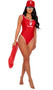 Playboy Beach Patrol costume includes swimsuit style sleeveless bodysuit with Playboy Bunny logo print, wide shoulder straps, contrast trim and cheeky cut back. Matching cap and whistle also included. Three piece set.