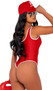 Playboy Beach Patrol costume includes swimsuit style sleeveless bodysuit with Playboy Bunny logo print, wide shoulder straps, contrast trim and cheeky cut back. Matching cap and whistle also included. Three piece set.
