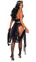Playboy Egyptian Queen costume includes sleeveless sheer bodysuit with Playboy Bunny head logo flocking,  Playboy nameplate over a plunging V neckline, wide sequin collar, sequin faux belt, attached sheer drapes with wrist loops, and attached chain garters with adjustable straps. Shimmer headpiece with beaded detail also included. Two piece set.