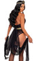 Playboy Egyptian Queen costume includes sleeveless sheer bodysuit with Playboy Bunny head logo flocking,  Playboy nameplate over a plunging V neckline, wide sequin collar, sequin faux belt, attached sheer drapes with wrist loops, and attached chain garters with adjustable straps. Shimmer headpiece with beaded detail also included. Two piece set.