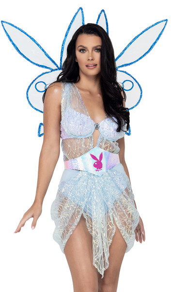 Playboy Mystical Fairy costume includes sleeveless sequin dress with built in bra, high waist shorts and draped skirt. Metallic belt with Playboy Bunny logo and Playboy Bunny wings also included. Three piece set.