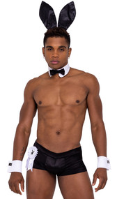 Playboy Hunky Playmate costume includes stretch satin shorts and matching bunny ears headband. Playboy Bunny logo ribbon, rabbit tail, wrist cuffs, cufflinks with logo, collar, and bow tie also included. Eight piece set.