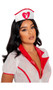 Playboy Sexy Nurse costume includes sheer mesh mini dress with vinyl trim, Playboy Bunny head logo print, collar with lapels, V neckline, attached garter clips and front zipper closure. Panty and headpiece with heart and Playboy Bunny logo also included. Three piece set.