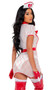 Playboy Sexy Nurse costume includes sheer mesh mini dress with vinyl trim, Playboy Bunny head logo print, collar with lapels, V neckline, attached garter clips and front zipper closure. Panty and headpiece with heart and Playboy Bunny logo also included. Three piece set.