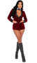 Playboy Smoke Lounge Madam costume includes velvet jacket with Playboy Bunny embroidered logo on the back, black satin cuffs and collar, front pockets, and front loop closure. Mini shorts, collar and bow tie also included. Four piece set.