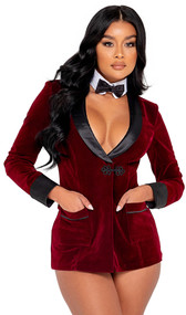 Playboy Smoke Lounge Madam costume includes velvet jacket with Playboy Bunny embroidered logo on the back, black satin cuffs and collar, front pockets, and front loop closure. Mini shorts, collar and bow tie also included. Four piece set.
