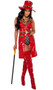 Playboy High Roller costume includes sleeveless vinyl coat with Playboy Bunny logo buttons, faux fur leopard print trim, collar with lapels, pockets and open flyaway front. Matching hat with feather and Bunny logo buckle, leopard print belt with Bunny logo buckle, and sheer high waist shorts with Bunny logo flocking also included. Four piece set.