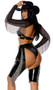 Wild West Sexy Cowgirl costume includes wet look vinyl bikini featuring halter neck triangle top with O rings, attached collar with strap, and back hook closure with matching bottom. Chaps with fringe sides, matching bolero top with long sleeves and western style belt with buckle also included. Five piece set.