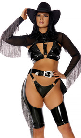 vWild West Sexy Cowgirl costume includes wet look vinyl bikini featuring halter neck triangle top with O rings, attached collar with strap, and back hook closure with matching bottom. Chaps with fringe sides, matching bolero top with long sleeves and western style belt with buckle also included. Five piece set.