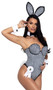 Playboy Rhinestone Bunny costume set includes sleeveless and strapless corset bodysuit featuring sparkling rhinestone details, underwire cups, boning, and lace up back closure. Ribbon and cuffs with cufflinks feature the Playboy bunny logo. Collar, bow tie, bunny tail and matching bunny ears headband also included. Eight piece set.