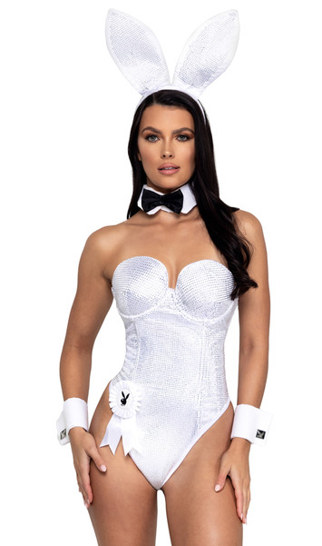 Playboy Rhinestone Bunny costume set includes sleeveless and strapless corset bodysuit featuring sparkling rhinestone details, underwire cups, boning, and lace up back closure. Ribbon and cuffs with cufflinks feature the Playboy bunny logo. Collar, bow tie, bunny tail and matching bunny ears headband also included. Eight piece set.