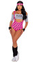 Playboy Retro Physical costume includes tank style bodysuit with Playboy Bunny logo print, low cut front and wide shoulder straps. Matching headband, off the shoulder crop top with Playboy Sports Club print, wrist cuffs, and leg warmers also included. Five piece set.