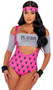 Playboy Retro Physical costume includes tank style bodysuit with Playboy Bunny logo print, low cut front and wide shoulder straps. Matching headband, off the shoulder crop top with Playboy Sports Club print, wrist cuffs, and leg warmers also included. Five piece set.