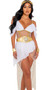 Playboy Goddess costume includes asymmetrical dress with gold Playboy Bunny head logo print, draped off the shoulder sleeves, sheer midsection and open front skirt. Gold belt featuring glitter bunny with laurels print and wrist cuffs also included. Three piece.