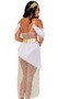 Playboy Goddess costume includes asymmetrical dress with gold Playboy Bunny head logo print, draped off the shoulder sleeves, sheer midsection and open front skirt. Gold belt featuring glitter bunny with laurels print and wrist cuffs also included. Three piece.