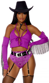 Wild West Sexy Cowgirl costume includes crop top with halter neck, strappy cup accents, and tie front closure. Matching fingerless gloves with shimmer fringe also included. Paisley print mini shorts with attached adjustable garters and Western style adjustable belt also included. Four piece set.