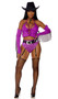 Wild West Sexy Cowgirl costume includes crop top with halter neck, strappy cup accents, and tie front closure. Matching fingerless gloves with shimmer fringe also included. Paisley print mini shorts with attached adjustable garters and Western style adjustable belt also included. Four piece set.