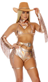 Buckle Bae Sexy Cowgirl costume includes metallic bikini top with adjustable triangle cups, halter neck and tie back. Matching vinyl shorts with fringe sides, matching arm sleeves with fringe, and bandana also included. Matching garter belt with Western buckle and adjustable closure also included. Five piece set.