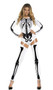 Bone A Fide skeleton costume includes long sleeve bodysuit with screen printed skeleton bones, garter straps and plain back with zipper closure. Matching thigh high footless stockings also included. Two piece set.