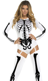 Bone A Fide skeleton costume includes long sleeve bodysuit with screen printed skeleton bones, garter straps and plain back with zipper closure. Matching thigh high footless stockings also included. Two piece set.